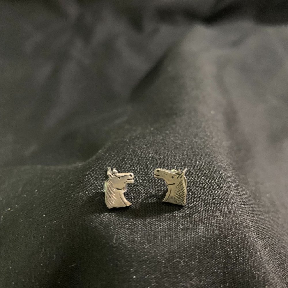 Silver Tone Horse Head Stud Earrings-Pierced